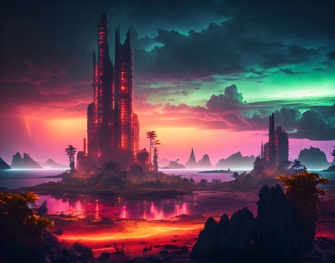 Futuristic dusk landscape with neon skyscrapers, red water reflection, exotic foliage, and colorful