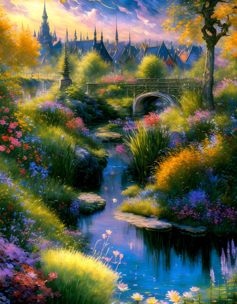 Colorful garden, stream, bridge, and castle in vibrant landscape