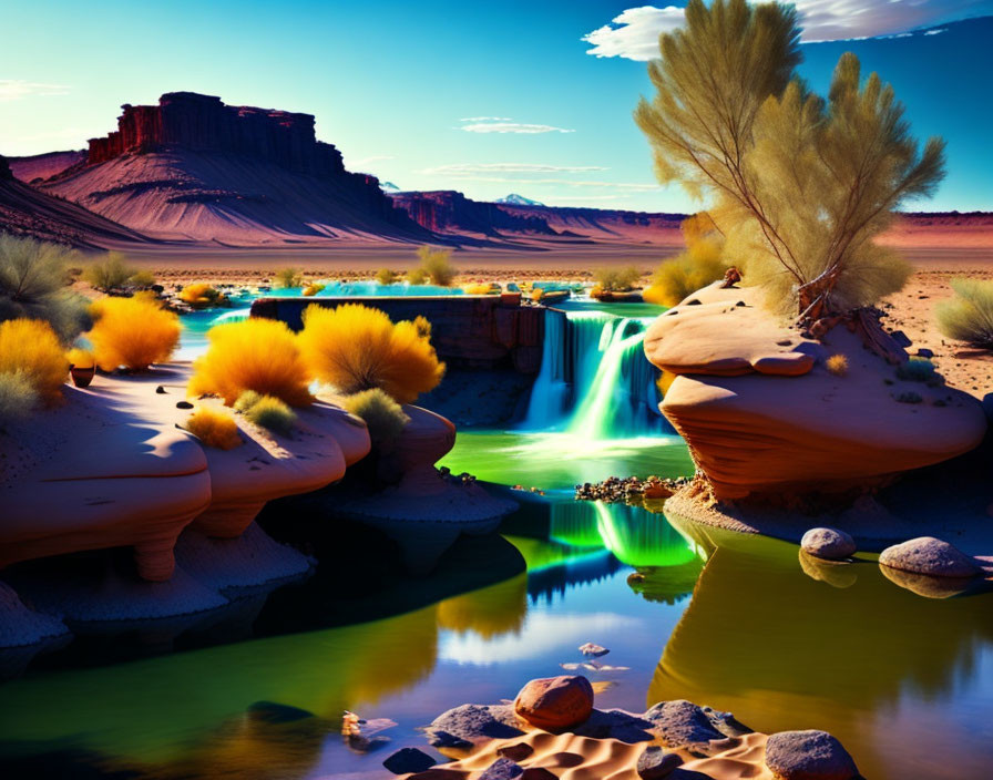 Desert oasis with waterfall, greenery, and sandstone formations