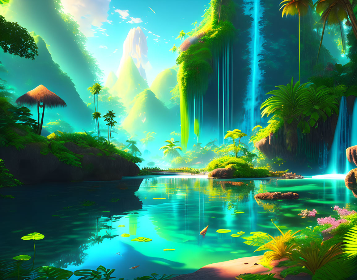 Fantastical landscape with waterfalls, serene lake, lush greenery, exotic foliage, misty