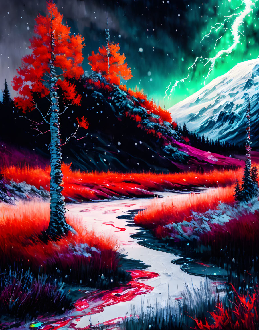 Snow-capped mountain under green auroras with red foliage and a meandering river