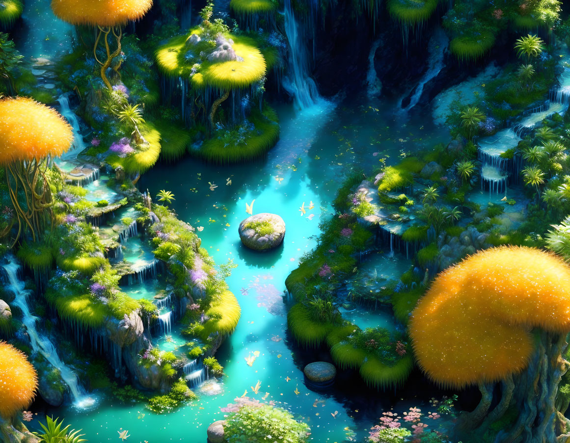 Vibrant fantasy landscape with waterfalls and floating islands