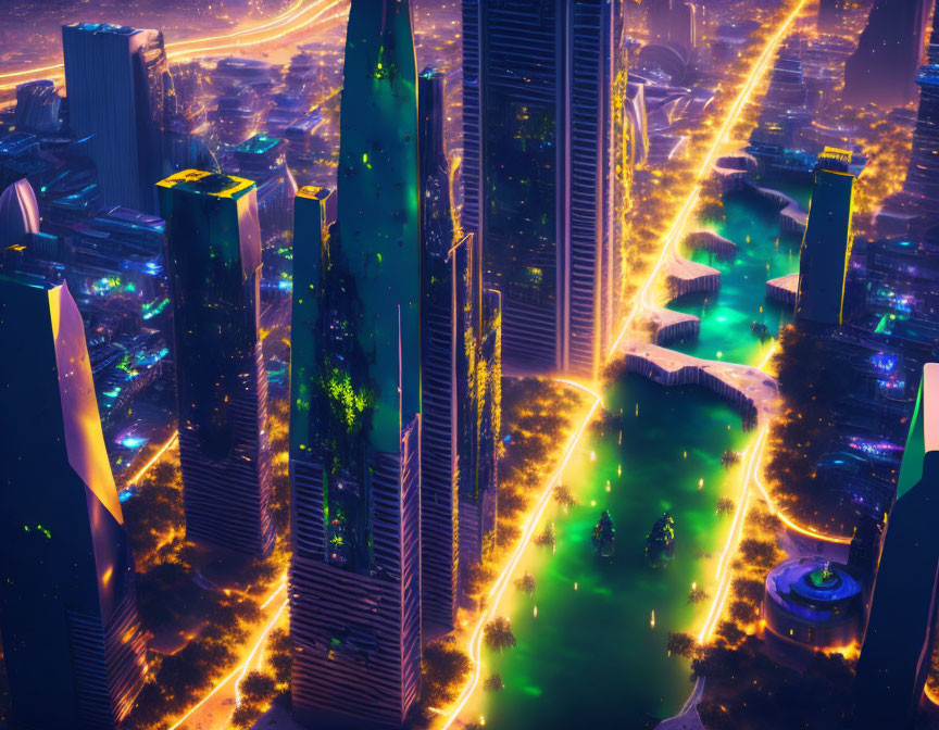 Vibrant neon-lit futuristic cityscape at night