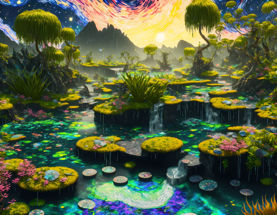 Luminescent flora in vibrant alien landscape