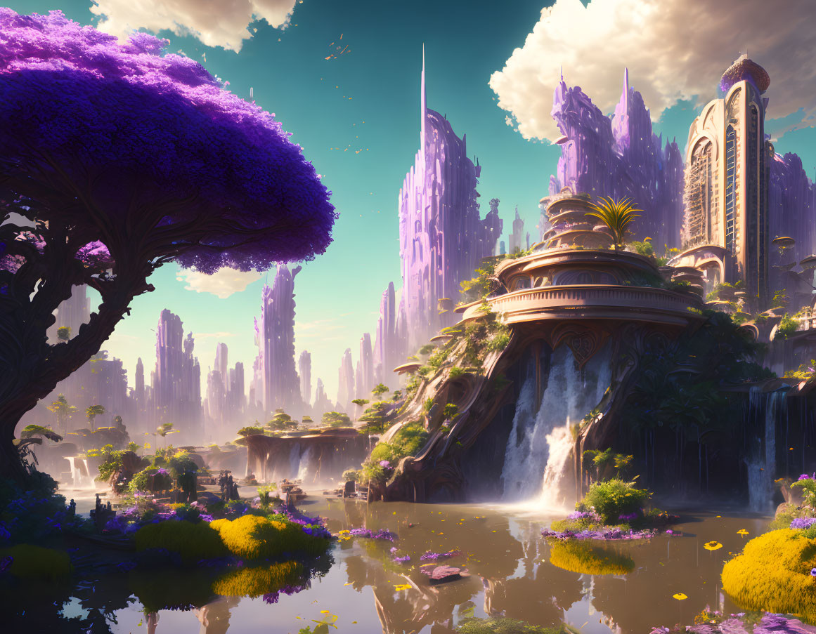 Fantastical Landscape with Purple Foliage and Waterfalls