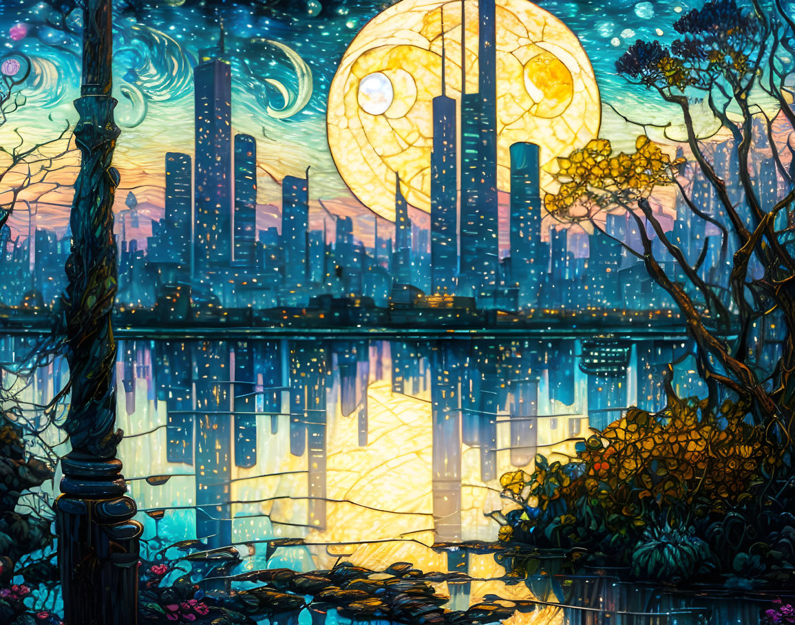 Stylized cityscape at night with full moon, skyscrapers, park, and lampp