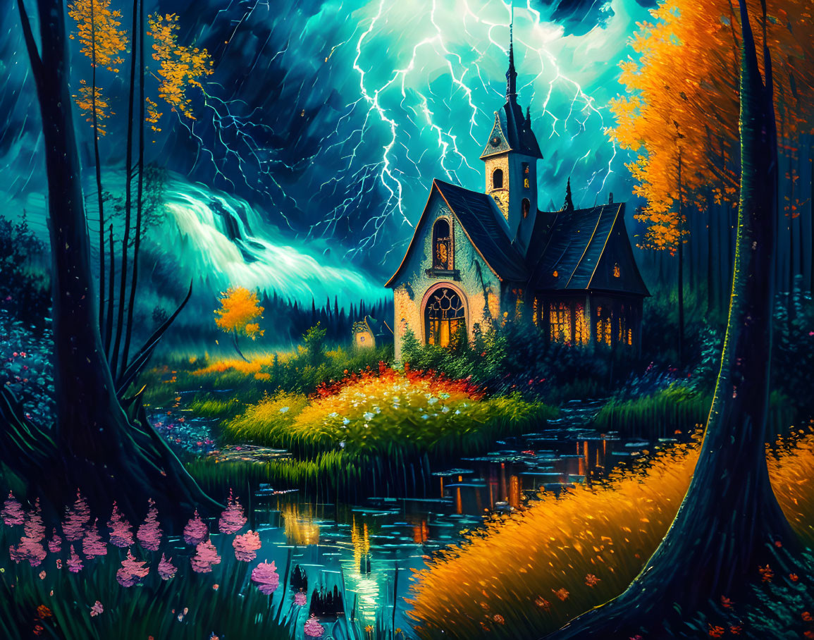 Whimsical cottage with spire in vibrant digital forest landscape