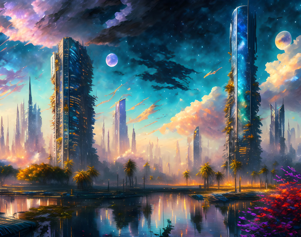 Futuristic sci-fi cityscape with colorful flora and multiple moons