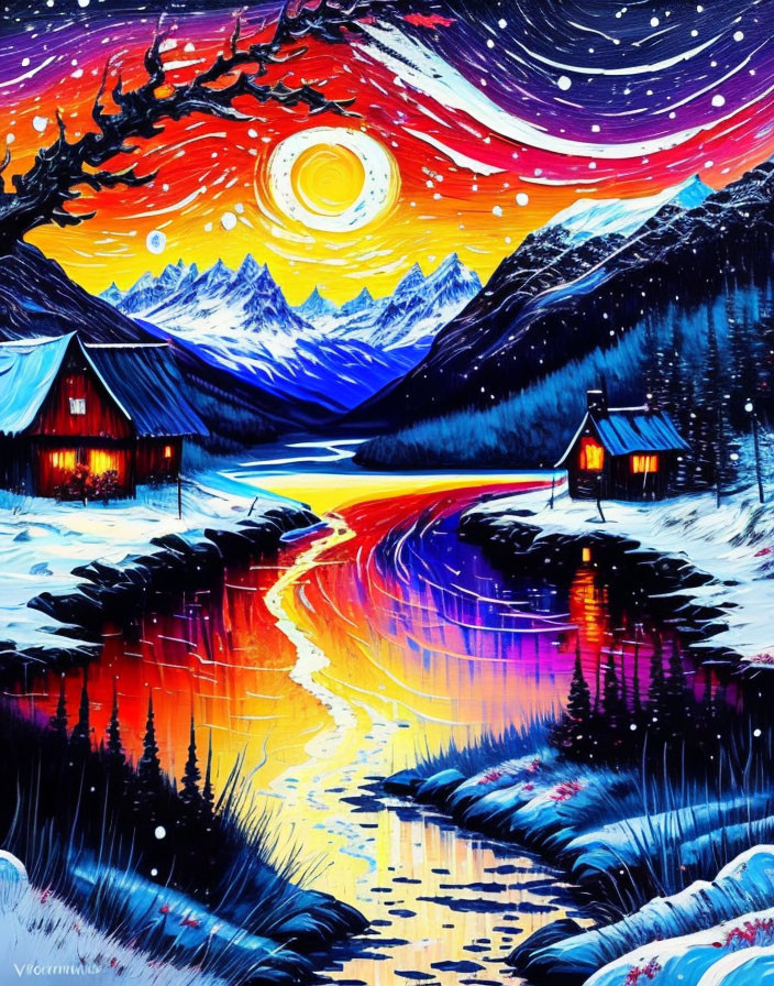 Snowy landscape painting: vibrant dusk scene with glowing river, colorful skies, mountains, and cozy cabin