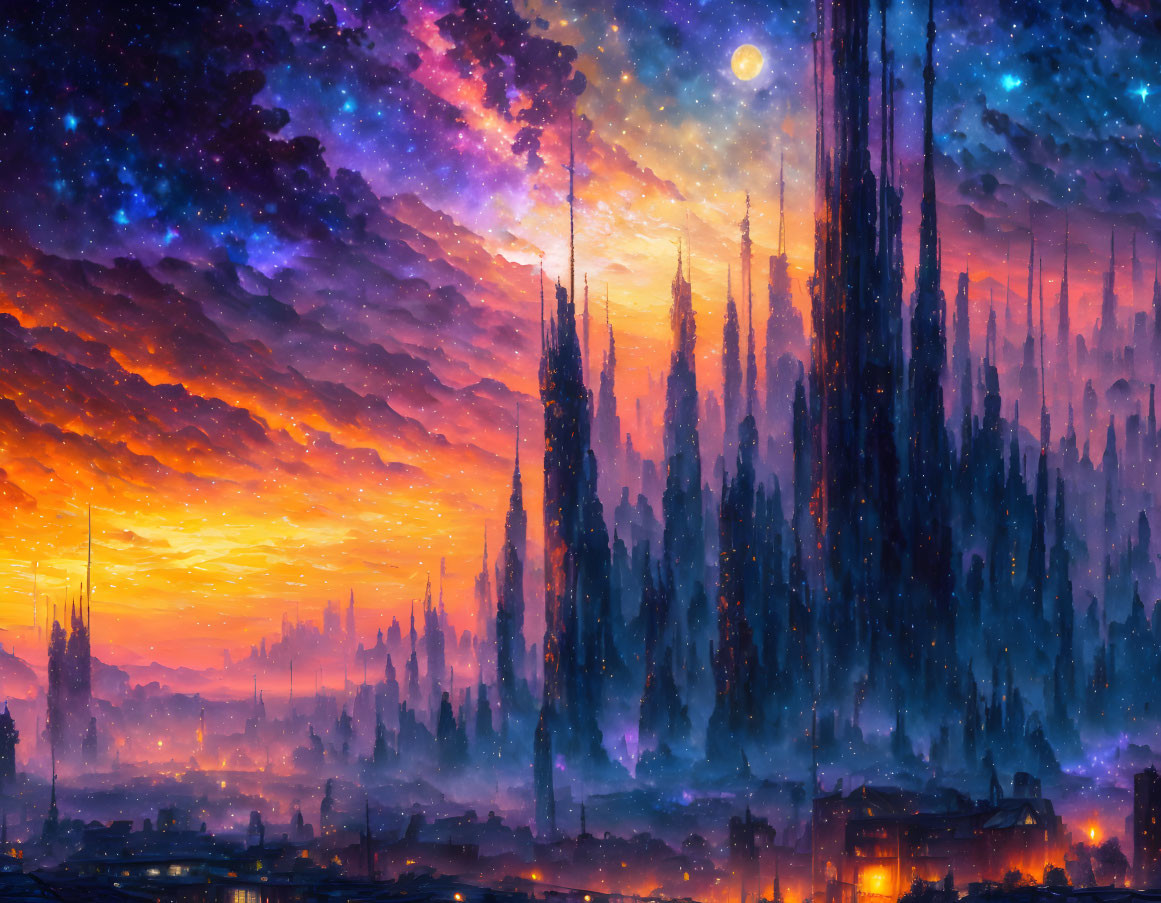 Colorful surreal cityscape at dusk with towering spires under starry sky