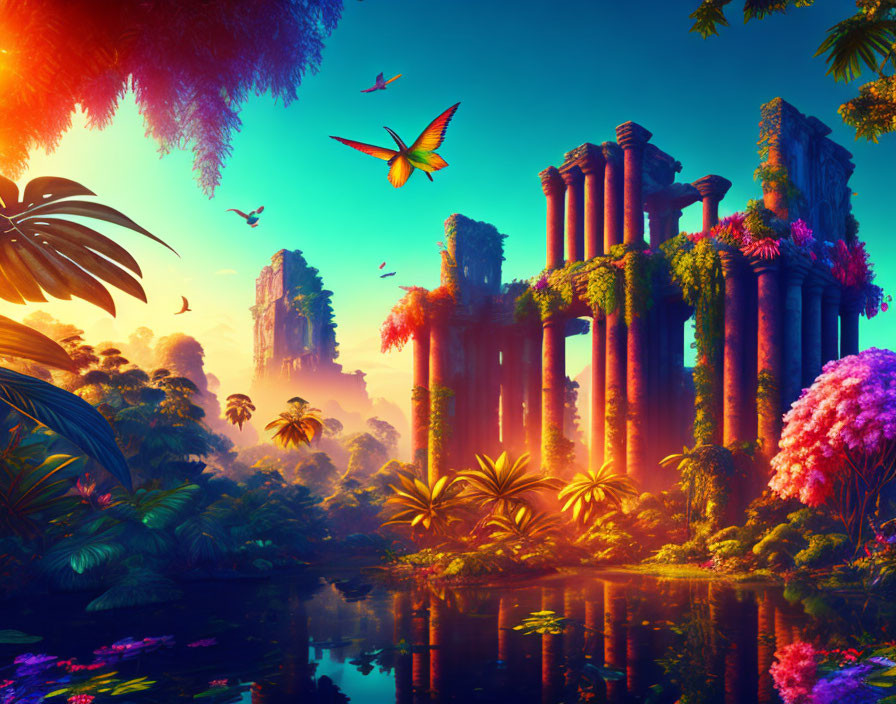 Colorful fantasy landscape with lush ruins, vibrant flora, and flying hummingbird