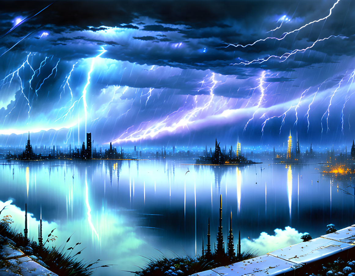 Digital artwork: Dramatic thunderstorm over futuristic cityscape