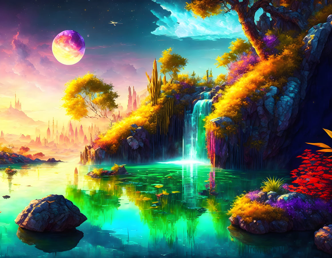 Fantasy landscape with waterfalls, exotic flora, reflective lake, and large moon