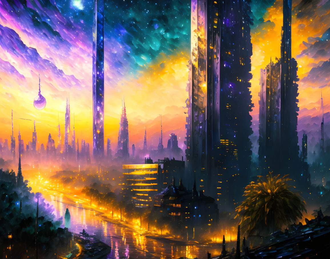 Futuristic cityscape digital art with skyscrapers and star-filled sky