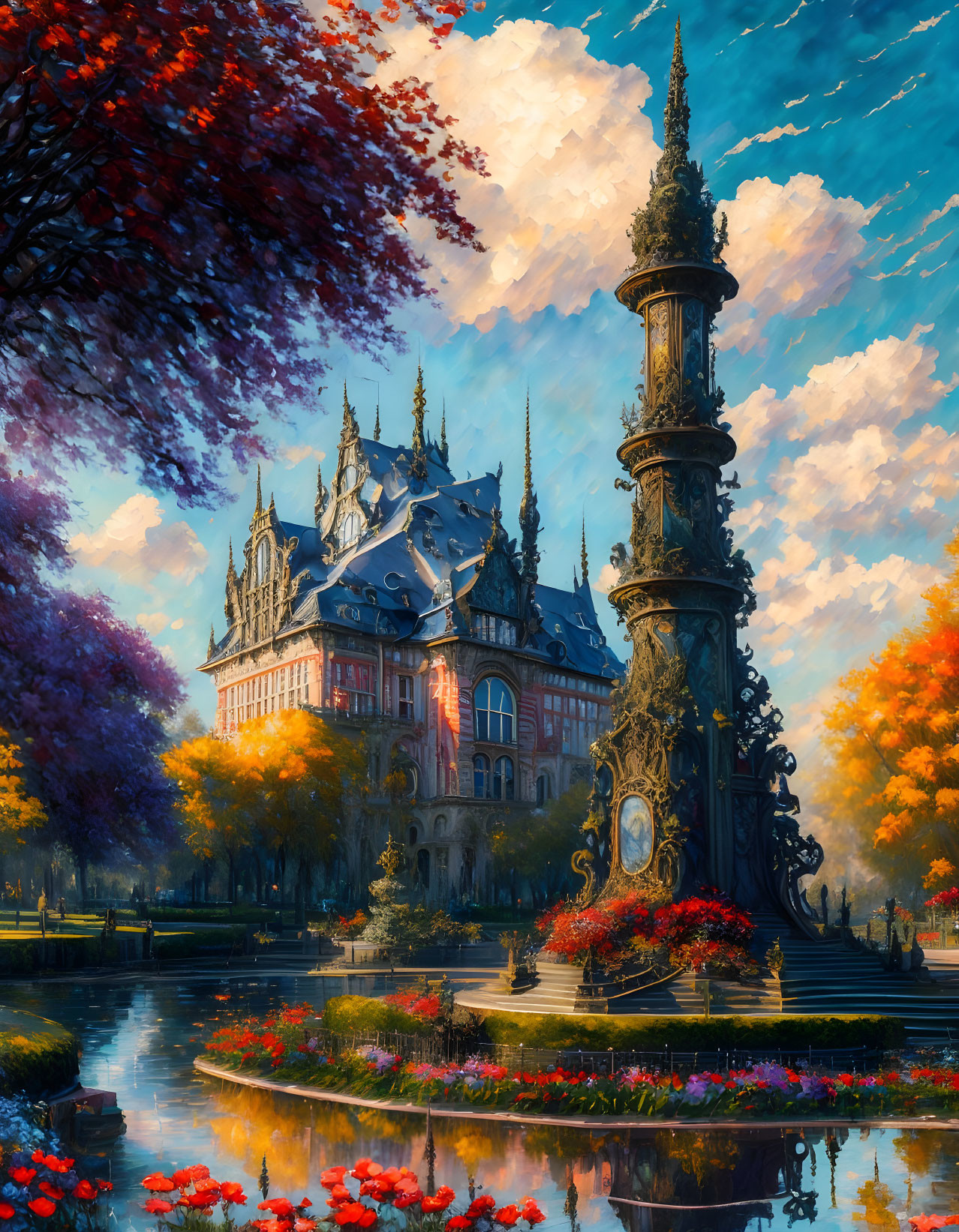 Ornate castle in autumn setting with pond reflection