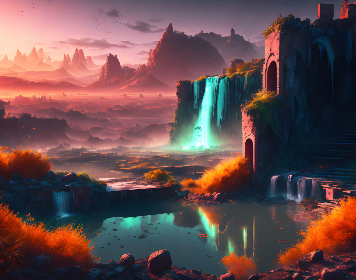 Radiant waterfall in serene fantasy landscape