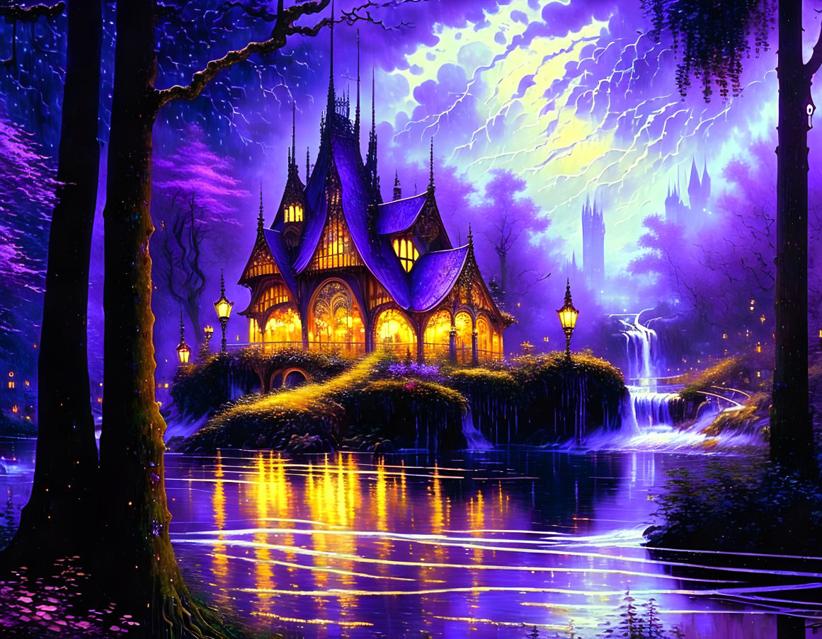 Fantasy castle at night in enchanted forest with purple and blue hues