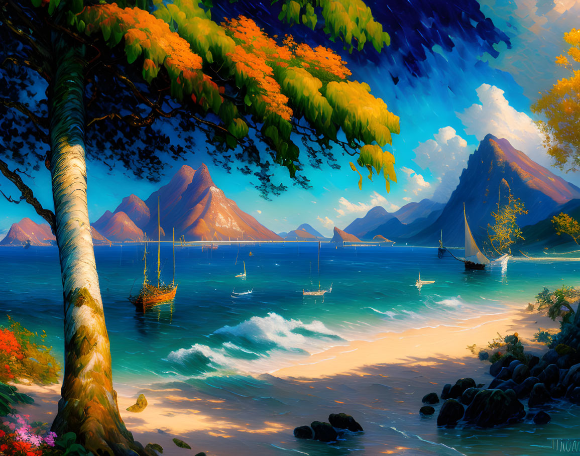 Colorful Tropical Seascape with Ships and Mountains