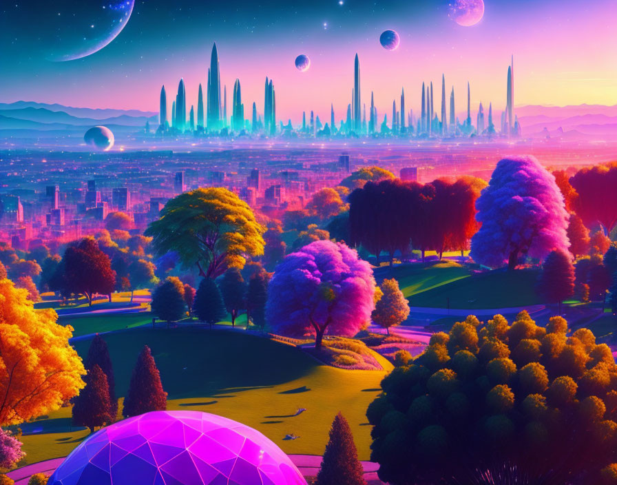 Colorful futuristic cityscape with spires, floating orbs, and alien terrain.