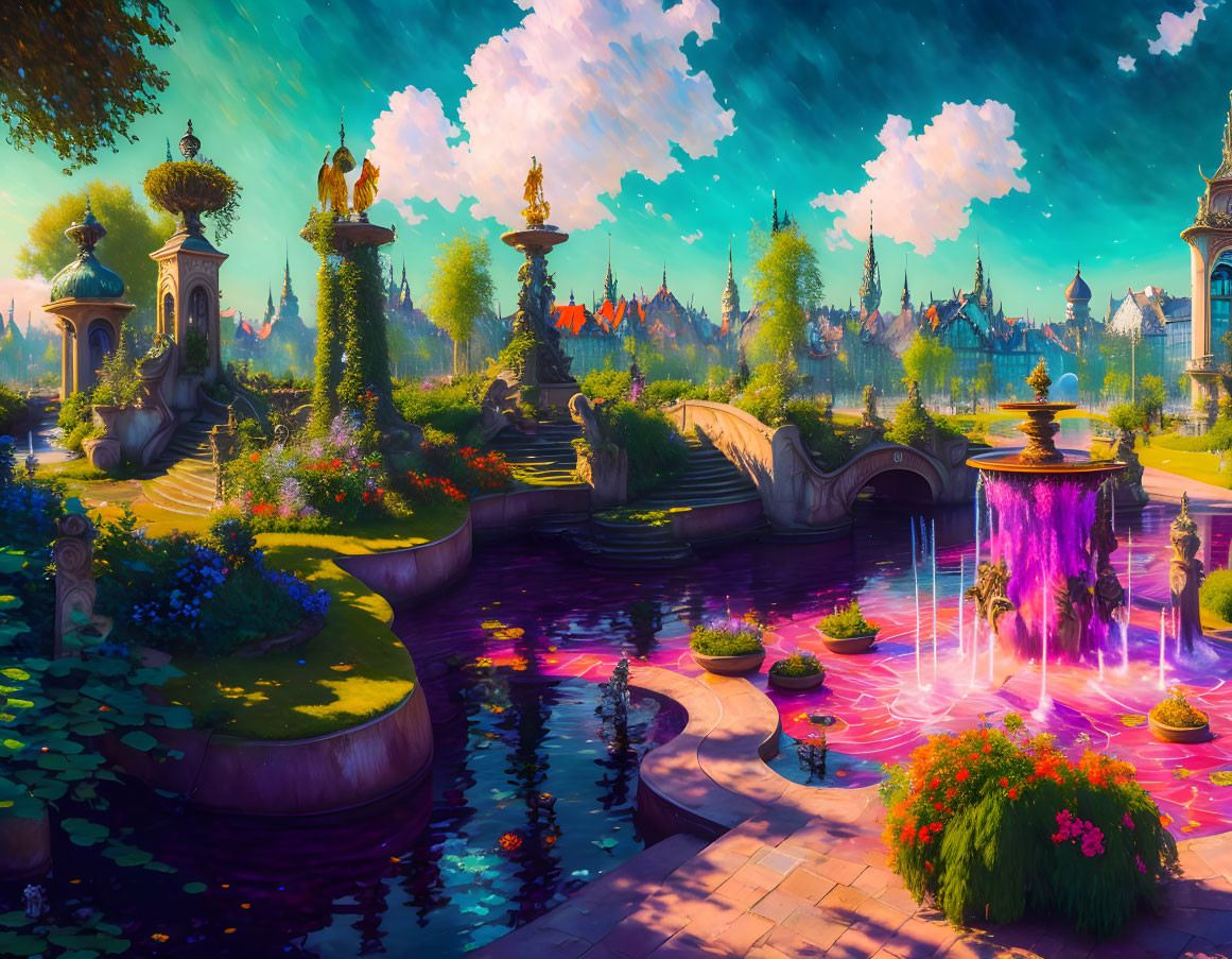 Colorful fantasy landscape with lush gardens and purple waterfalls