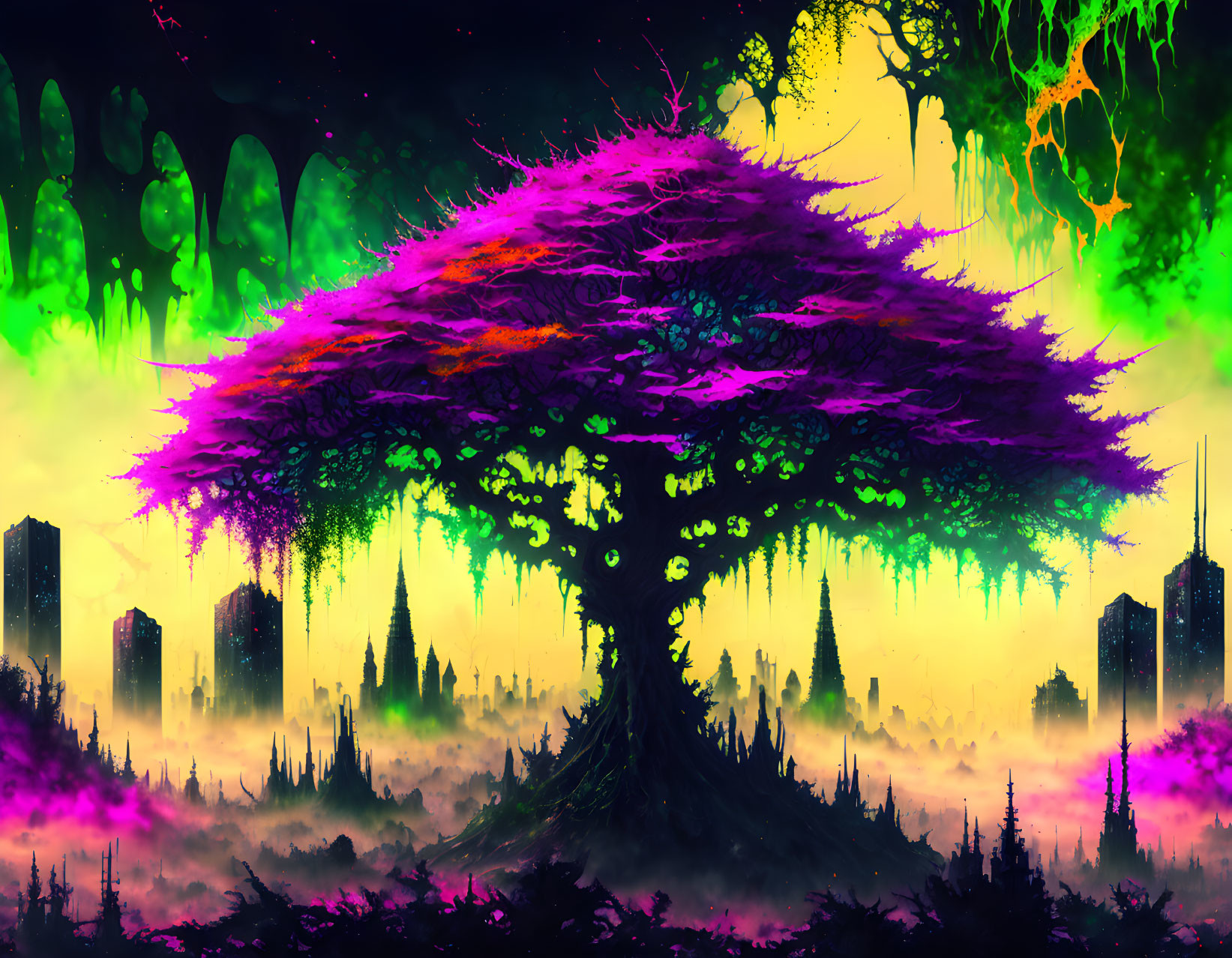 Fantastical landscape with colossal purple tree and neon-hued sky