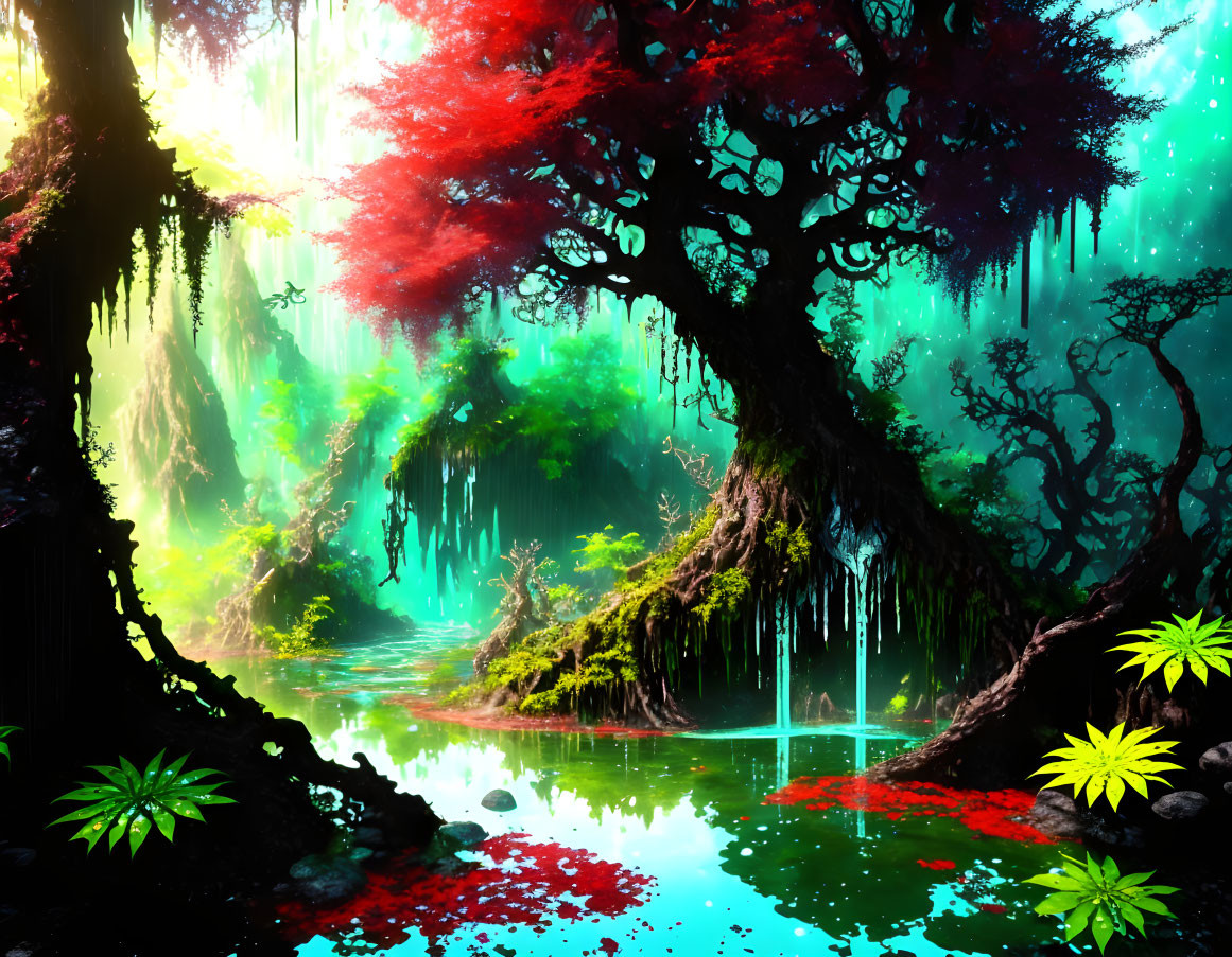 Luminous Fantasy Forest with Red Foliage Tree & Serene River