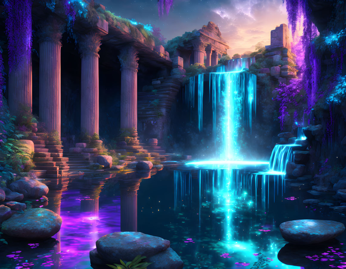 Neon-lit fantasy waterfall with ancient ruins and purple foliage