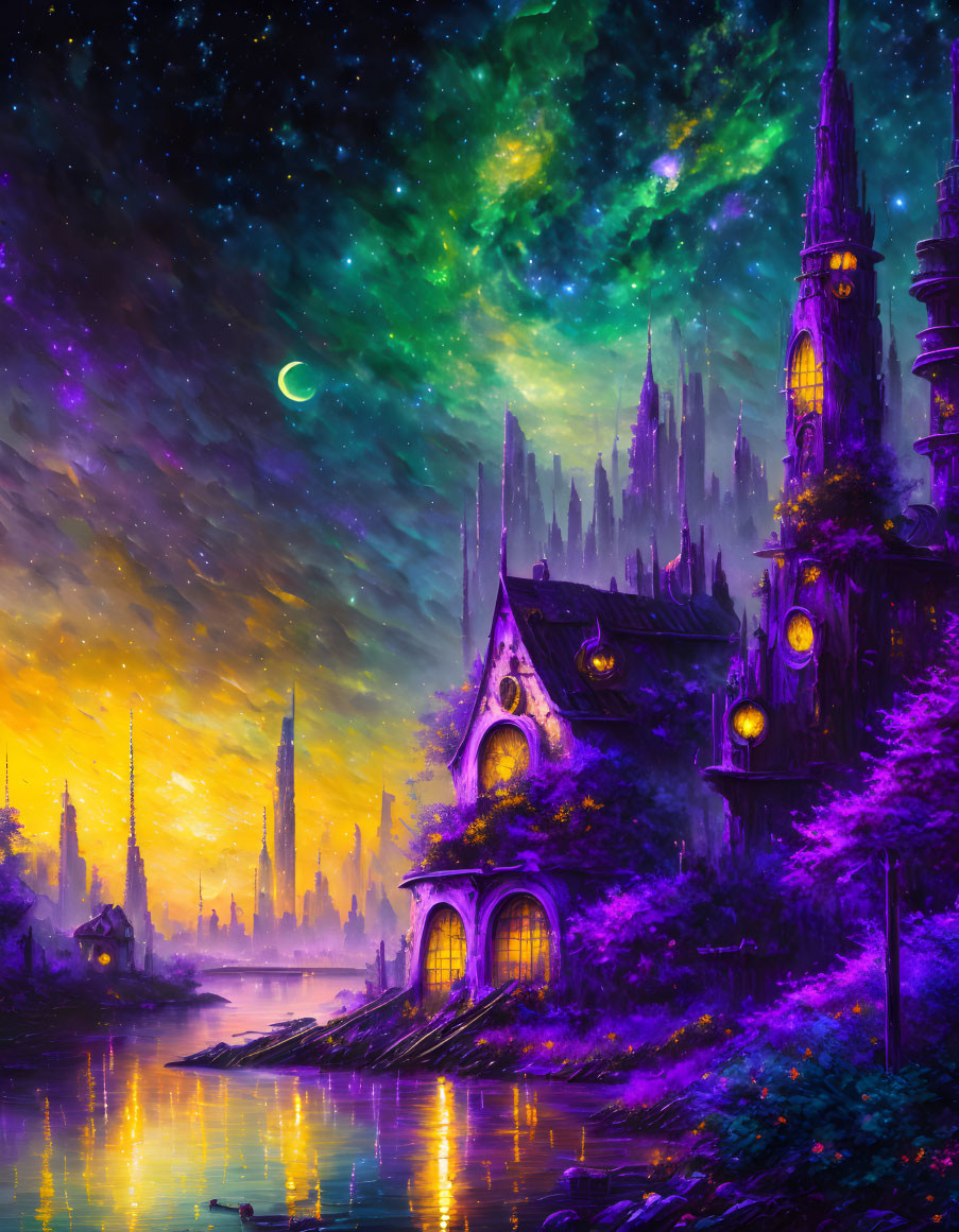 Fantastical landscape with enchanted castle under starry sky