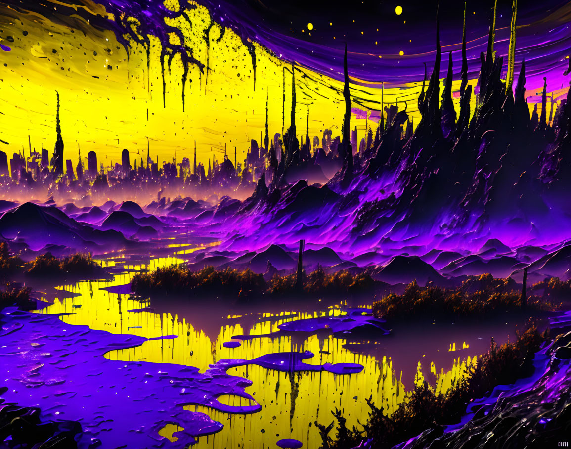 Vivid Purple and Yellow Alien Landscape with Towering Spires