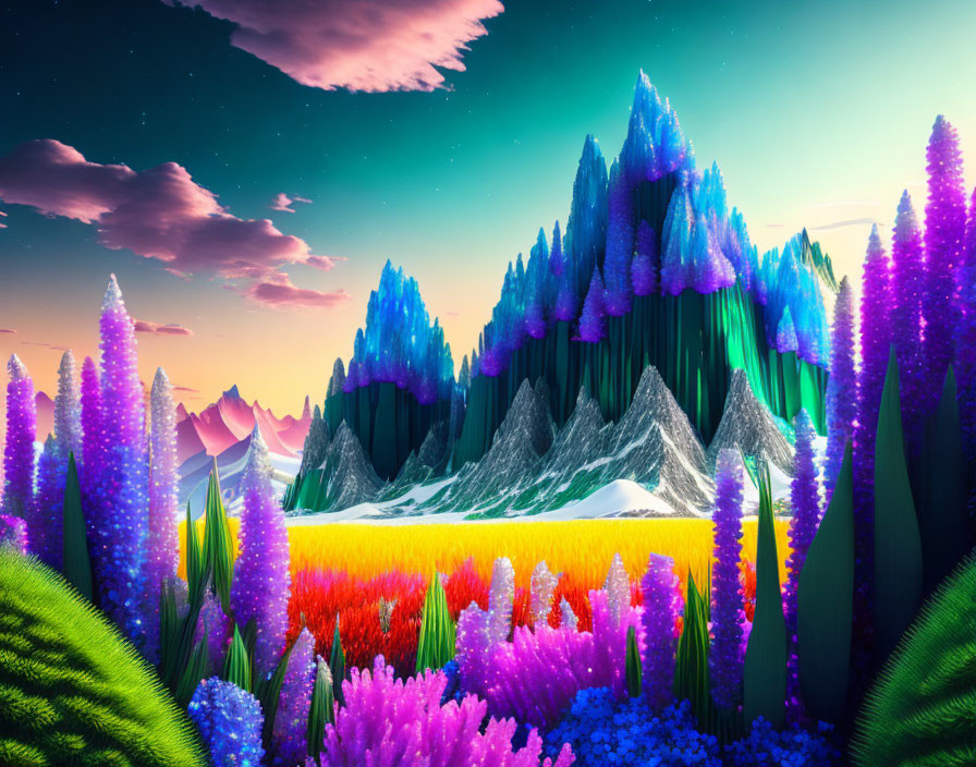 Neon-colored flora, radiant meadows, crystal mountains