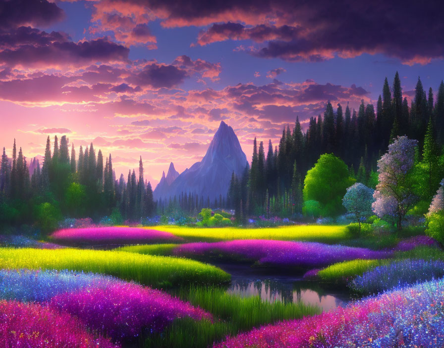 Colorful Dusk Landscape with River, Flowers, and Mountain