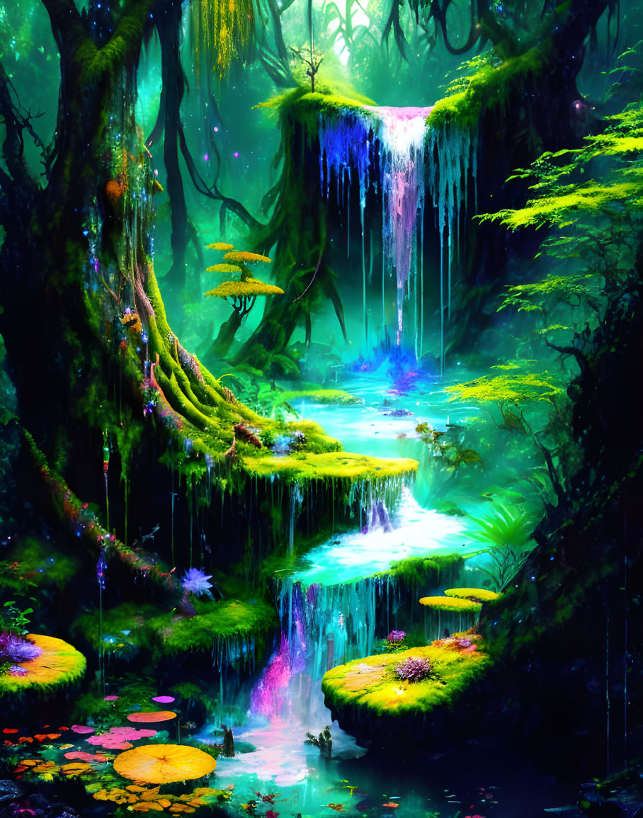 Vibrant fantasy forest with luminescent vegetation and waterfalls