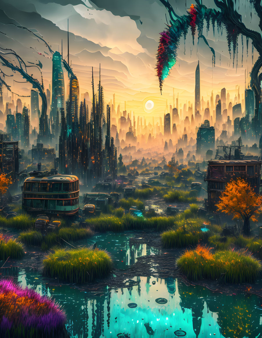 Post-apocalyptic cityscape with greenery, waterways, bus, and ruins at sunset