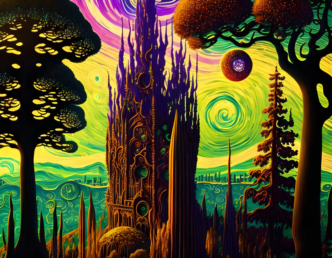 Colorful Psychedelic Landscape with Swirling Skies and Stylized Trees