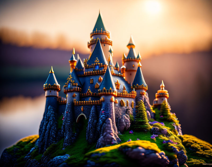 Miniature fairy tale castle on lush green hill at sunset