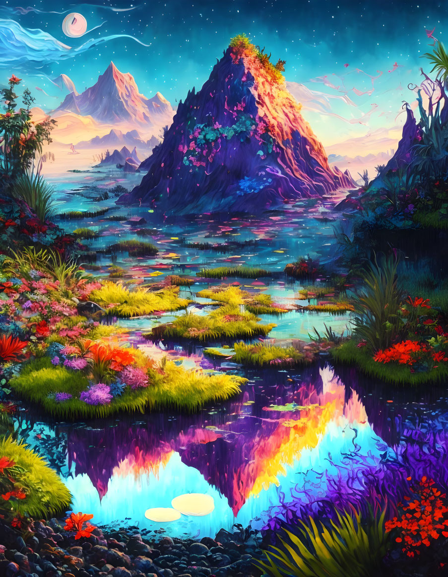 Colorful Fantasy Landscape with Reflective Lake & Mountain Peak