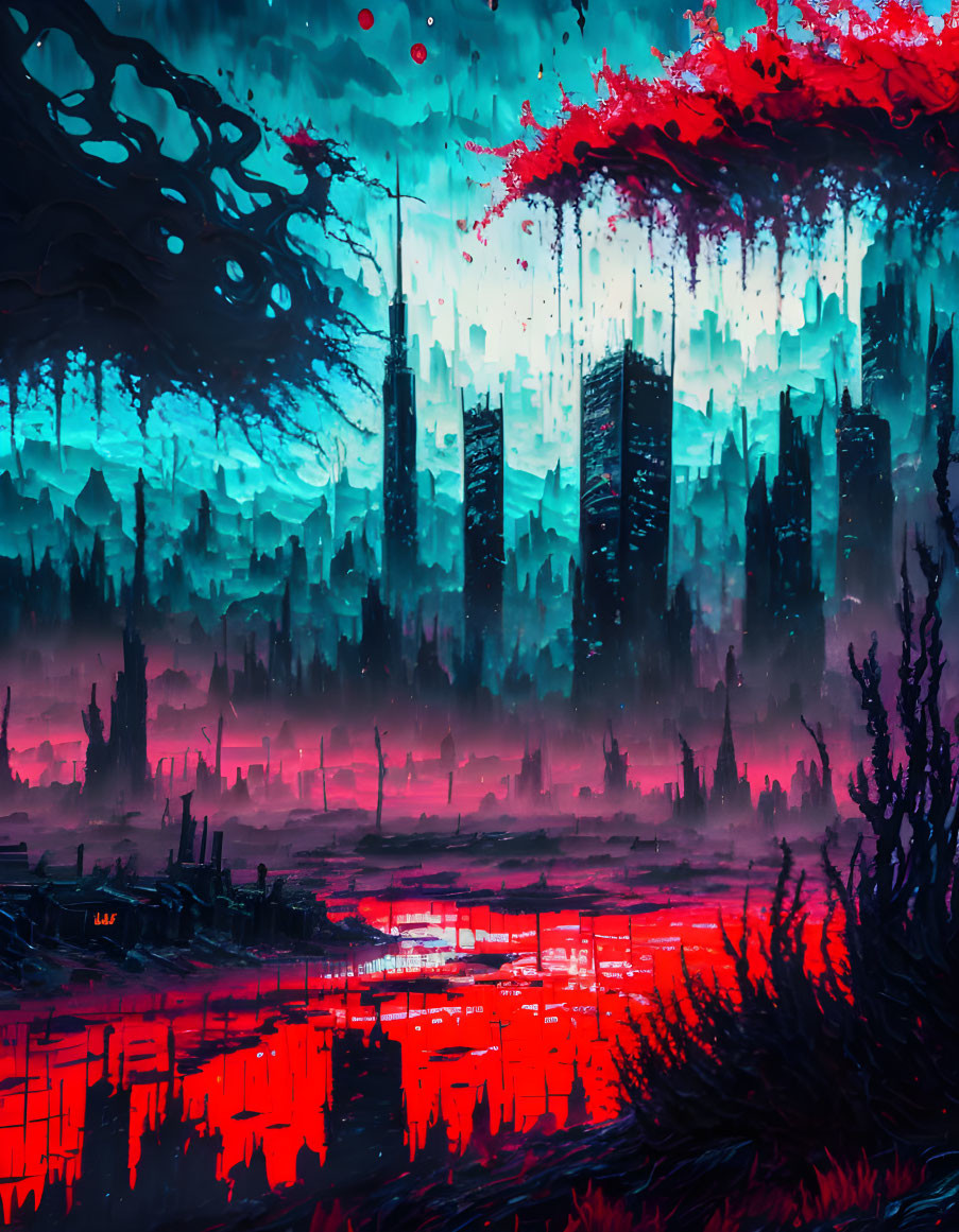 Dystopian cityscape with red and blue hues under blood-red sky