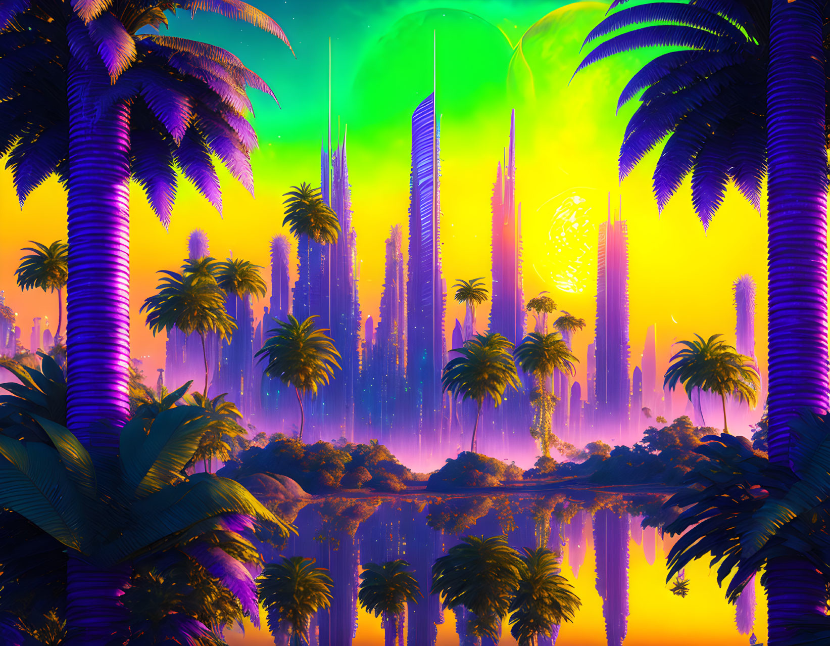 Futuristic cityscape with skyscrapers, neon lights, palm trees, and sunset sky.