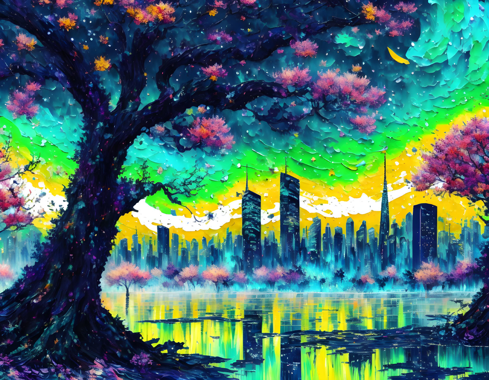 Colorful painting of large tree and city skyline with reflections