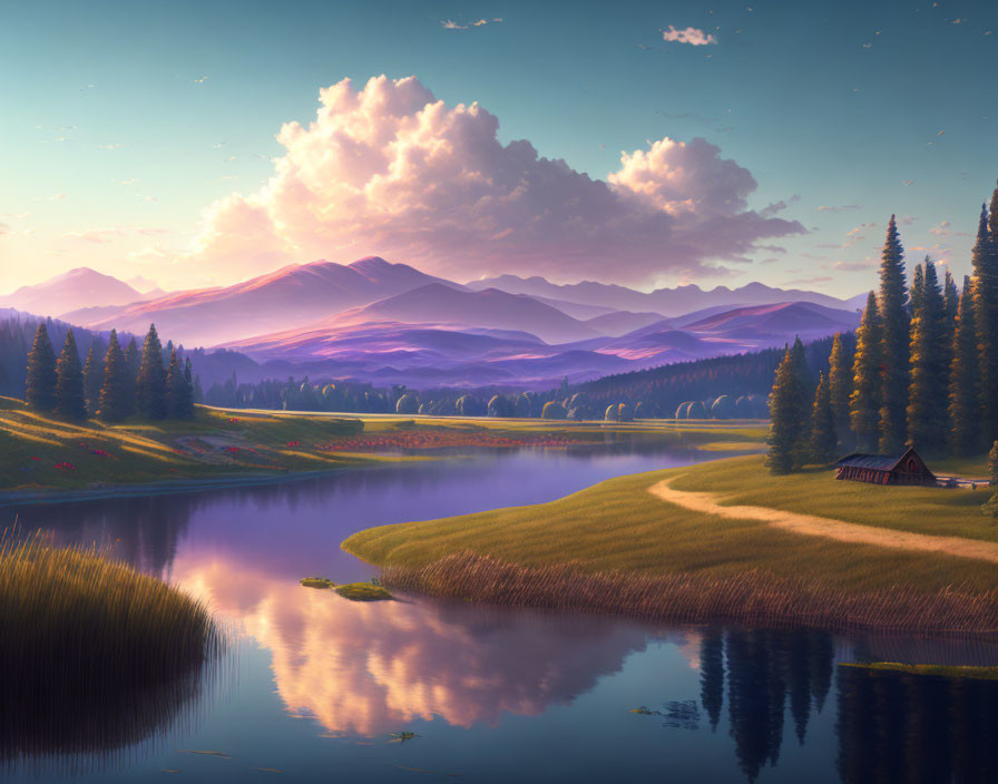 Tranquil landscape with reflective lake, golden grass, pine trees, cabin, and purple mountains under