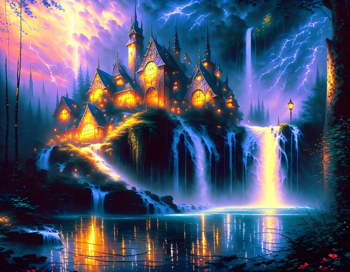 Castle on Waterfall with Glowing Windows and Thunderstorm Sky