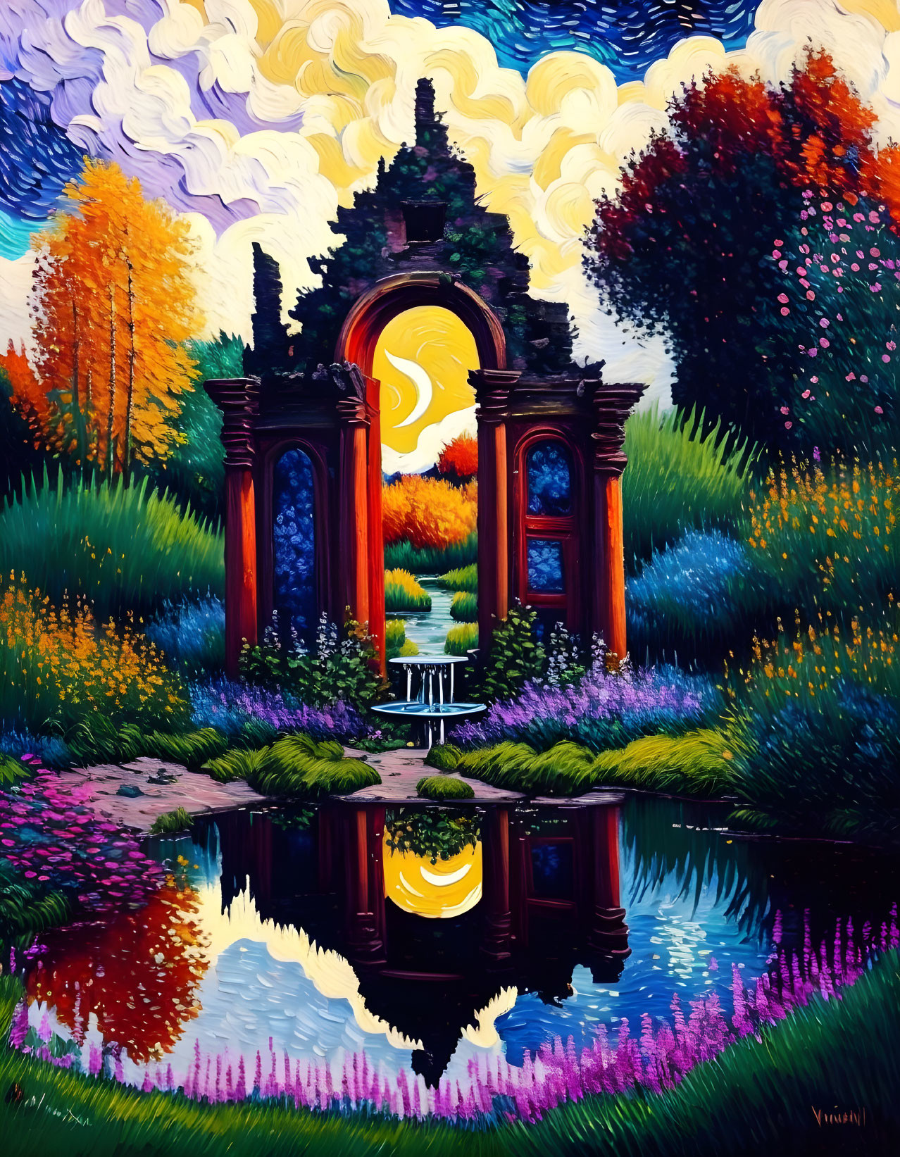 Colorful Painting of Ornate Archway Overlooking Serene Pond