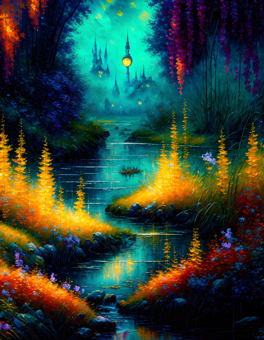 Fantastical landscape with river, glowing flora, and ethereal castle