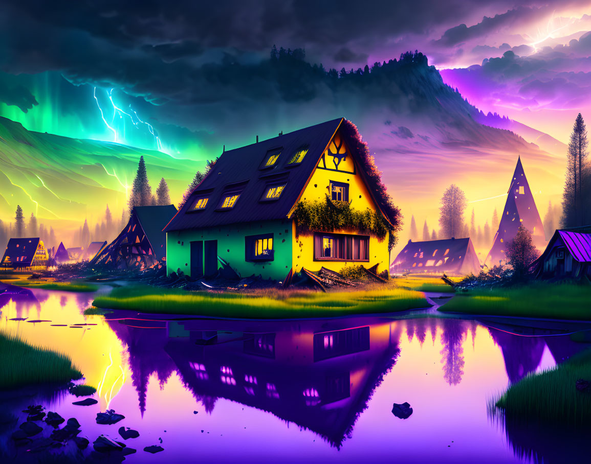 Twilight countryside scene with green-roofed house by lake