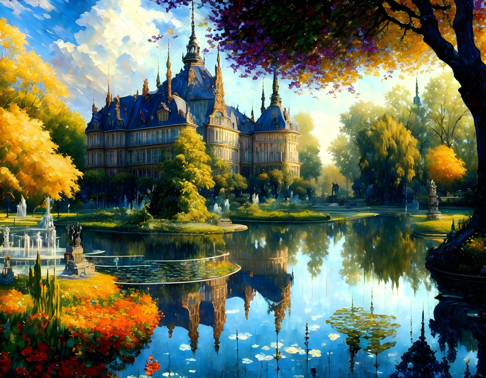 Grand chateau surrounded by vibrant autumn foliage and tranquil pond with fountain.