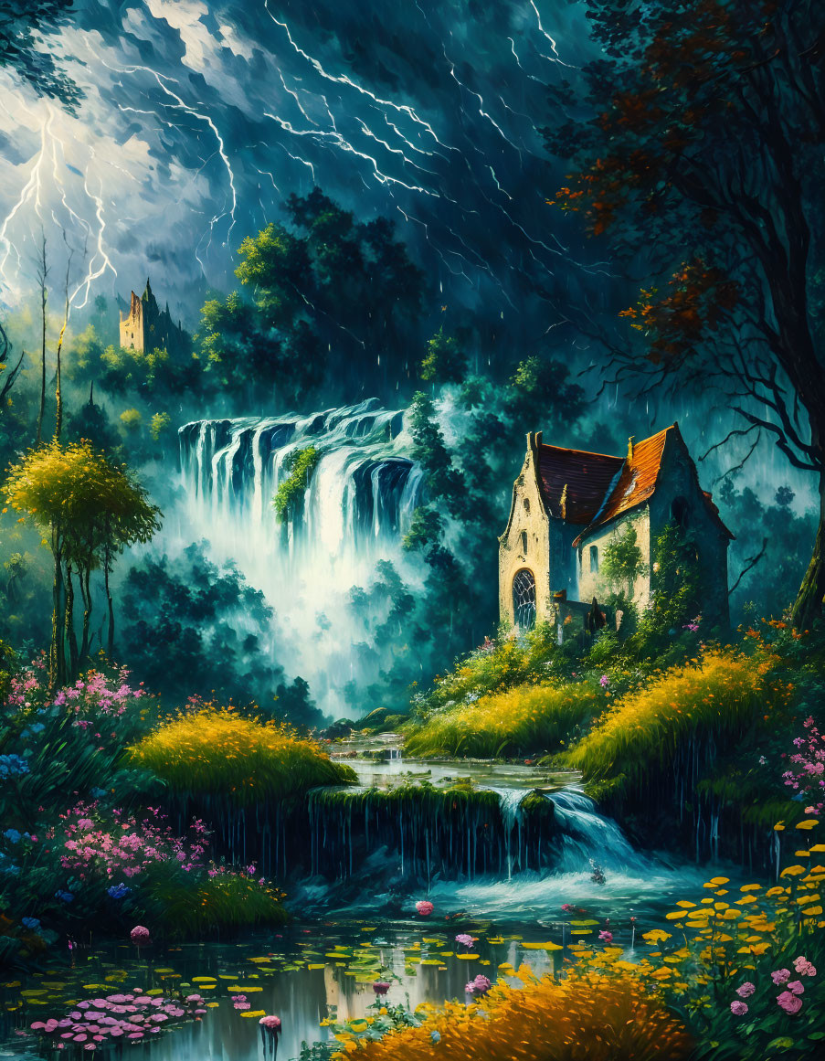 Scenic waterfall landscape with house, greenery, flowers, and stormy sky