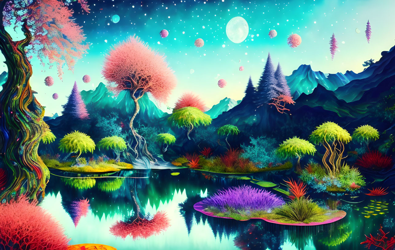 Colorful surreal landscape with floating islands and moonlit mountains