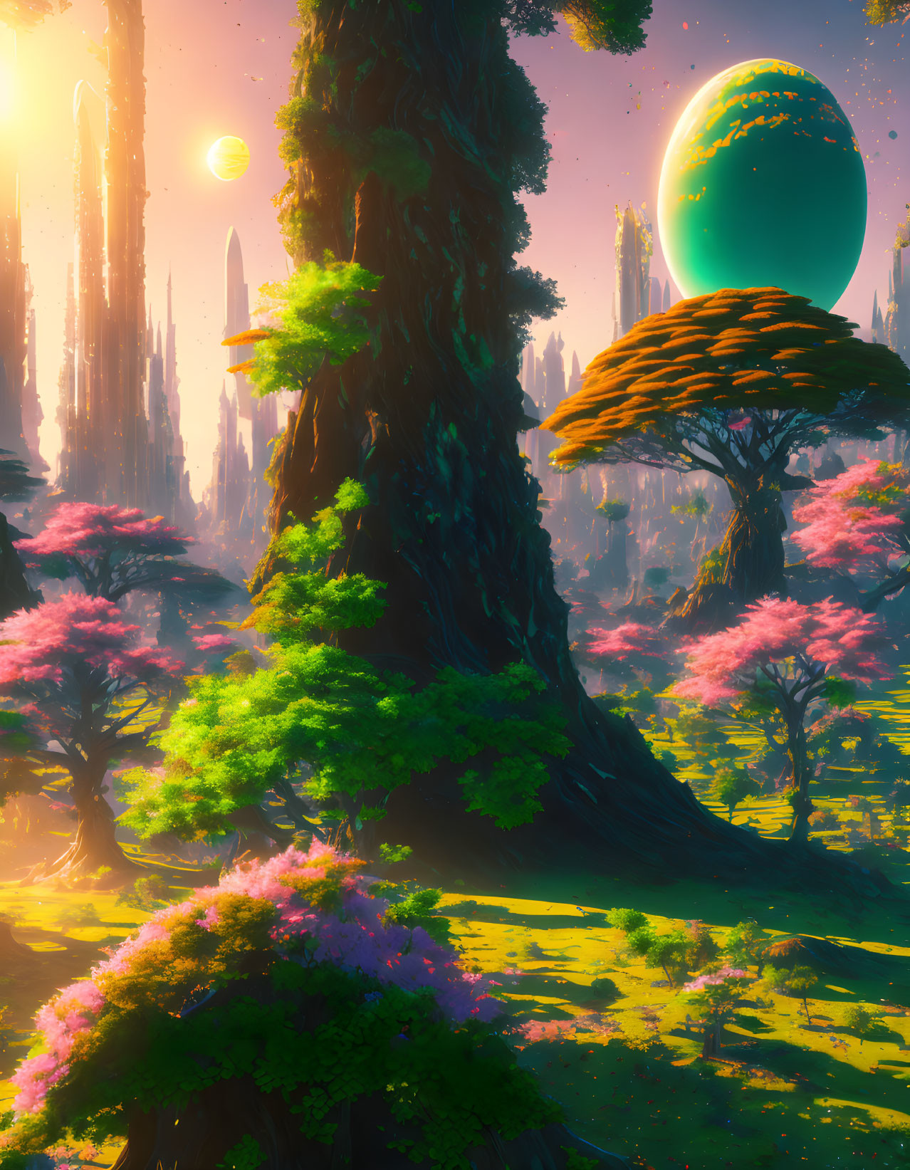 Colorful alien landscape with towering trees and celestial bodies.