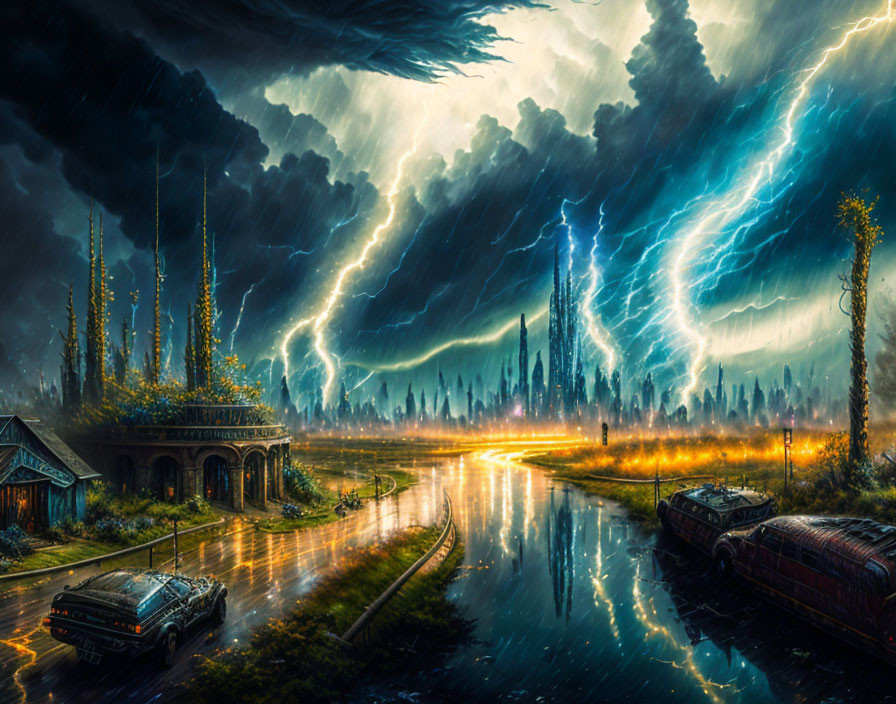 Digital artwork: Dramatic storm with lightning over futuristic cityscape