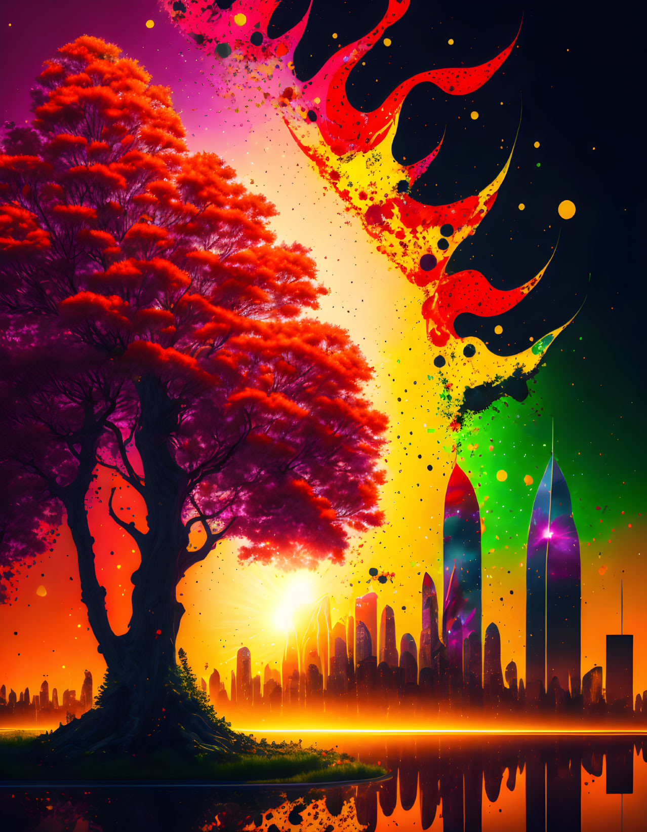 Colorful sunset over futuristic city skyline with red tree and starry sky